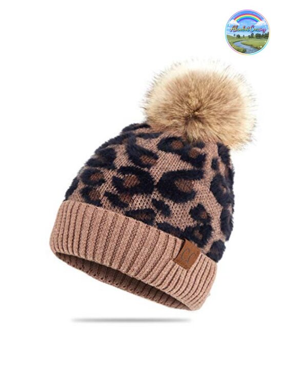 Soft Beanie Hat with Fur Pom Leopard Pattern Stretchable Winter Beanie main image 5